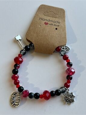 Red and Black Halloween Beaded Charm Bracelet with Silver Accents Gothic